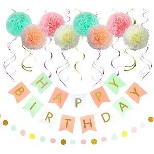 Birthday Decor Pack of 19 Banner Tissue flowers Swirls Garland girl pastel gold